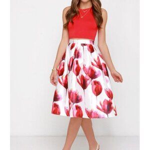 L'Atiste By Amy Fragrance of Flowers Ivory and Red Floral Print Midi Skirt S NWT